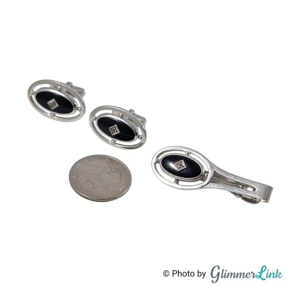 Anson Silver Tone Black Oval Cufflinks & Tie Bar Set with Diamond Accent, 1970s - Picture 7 of 11
